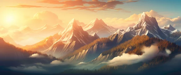 Foto op Canvas Breathtaking gradient mountain range bathed in golden sunlight, presenting the cutest and most beautiful alpine view. © HASHMAT