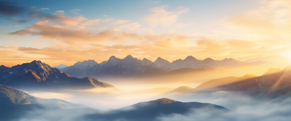 Breathtaking gradient mountain range bathed in golden sunlight, presenting the cutest and most beautiful alpine view. - obrazy, fototapety, plakaty