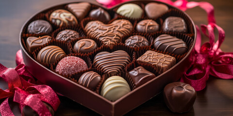 Exquisite heart-shaped chocolate collection with festive red ribbon