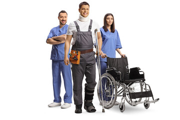 Repairman with a neck injury leaning on a crutch with doctors behind