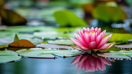 Vibrant pink water lily reflecting on calm pond surface