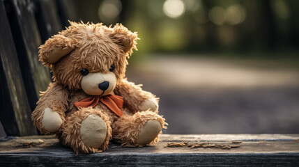 Fluffy teddy bear with orange bow sitting on wooden bench