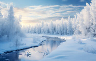 Obraz na płótnie Canvas Ethereal frosty sunrise in snowy winter forest by river
