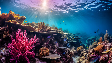 Sunbeam illumination over thriving underwater coral landscape