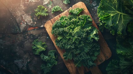 Kale cabbage green leaves on a wooden board.  - Powered by Adobe