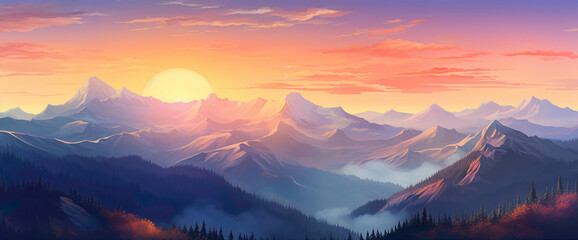 Breathtaking gradient mountain range bathed in golden sunlight, presenting the cutest and most beautiful alpine view. - obrazy, fototapety, plakaty