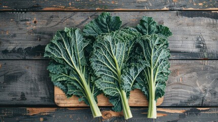 Kale cabbage green leaves on a wooden board,Leaves of fresh vegetables, organic vegetables for health