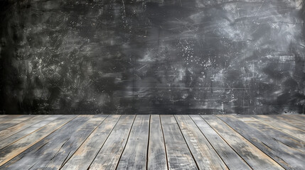 A rustic wooden floor extends towards a distressed blackboard with chalk marks