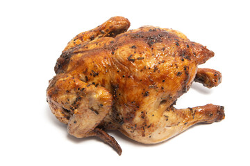 A whole delicious roasted chicken seasoned with herbs isolated on white background clipping path