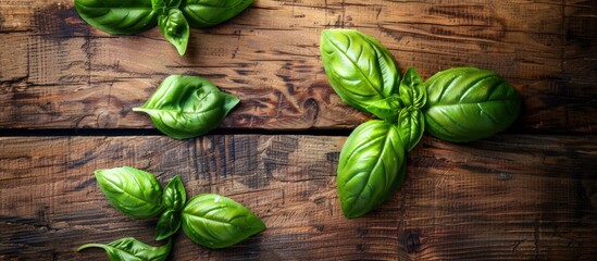 Fresh green basil leaves on rustic wooden background. Generated AI image