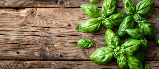 Fresh green basil leaves on rustic wooden background. Generated AI image