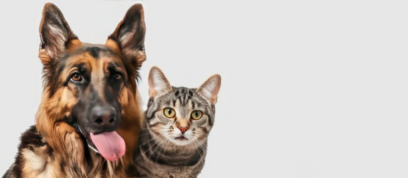 Portrait dog and cat pets animal licking lips copy space background. Generated AI image