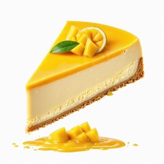 A piece of mango cheesecake, isolated on white background.