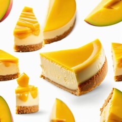 A piece of mango cheesecake, isolated on white background. - obrazy, fototapety, plakaty