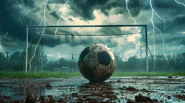 Soccer ball on a muddy football field, thunderstorm with heavy rain with gray clouds. Concept of football matches postponed due to bad weather