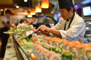 Lively sushi bar where skilled chefs prepare rolls with precision, while diners enjoy the vibrant colors and fresh flavors of their sushi platters - Powered by Adobe