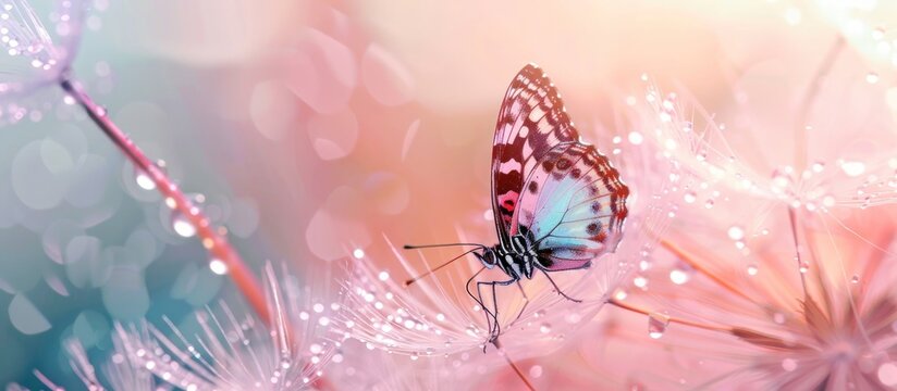 Close up morpho butterfly insect on dandelion flower with soft blur background. Generated AI image