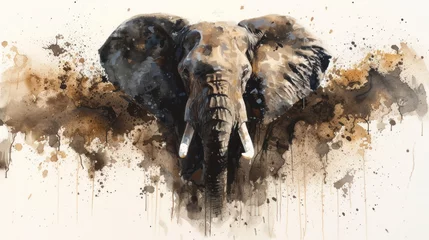 Foto op Canvas a painting of an elephant's head with brown and black paint splattered on it's face. © Alice