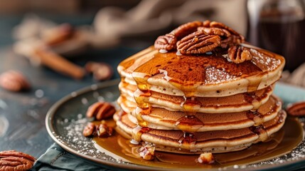 a stack of pancakes sitting on top of a plate covered in powdered sugar, pecans, and syrup.