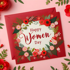 A card with a happy woman day message on a red background and flowers surrounding it, women, Day, illustration, Ai generated 