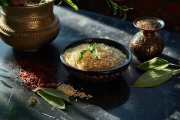 Ingredients for Indian cuisine are on a black surface. The composition of the dish includes brown rice, herbs and spices. 