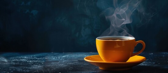 Panoramic a cup of hot coffee with smoke on dark background. Generated AI image