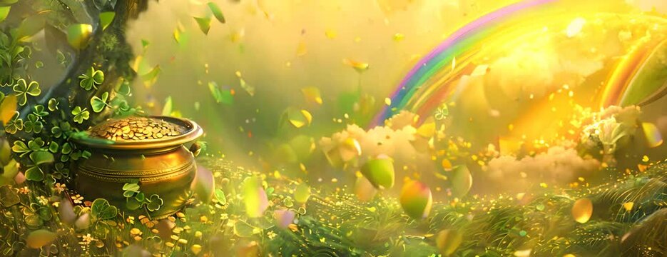 Leprechauns bounty, Pot of gold, rainbow backdrop a magical St. Patricks Day illustration, blending whimsy with the vibrant spirit of the holiday. 4K Video