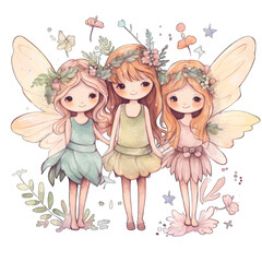 A charming collection of illustrated fairy characters with delicate wings and floral adornments in a variety of whimsical poses.