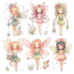 A captivating assortment of fairy illustrations featuring gentle wings and flowery decorations, each in their own fanciful stance.