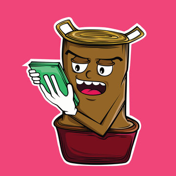 create a cartoon vector design with the theme of a tree in a pot holding a book