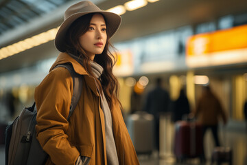 Elegant young Asian woman in a stylish hat and autumn jacket waiting with her backpack at an airport terminal.
