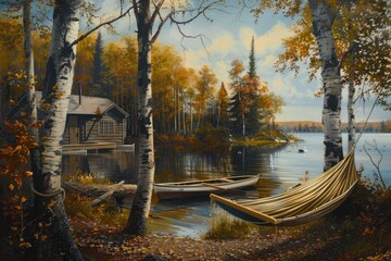 Lakeside cabin, with a rowboat moored at the dock, a hammock strung between two trees, and the sound of loons calling in the distance
