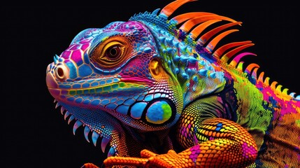 a close up of a colorful iguana on with and.