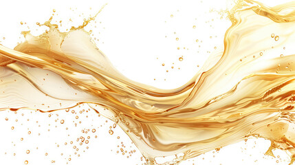 Fototapeta premium A dynamic splash of golden liquid creating an elegant, swirling wave against a white background.