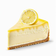 Slice of lemon cheesecake with lemon curd and lemon slices. isolated on white background