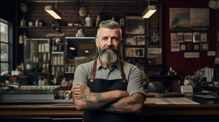 Portrait of proud barbershop owner  - obrazy, fototapety, plakaty