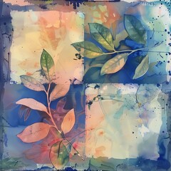 Seasonal leaf background, digital watercolor and collage - 748641530