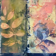 Seasonal leaf background, digital watercolor and collage - 748641741