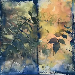 Seasonal leaf background, digital watercolor and collage - 748641784