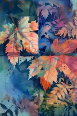 Seasonal leaf background, digital watercolor and collage - 748641908