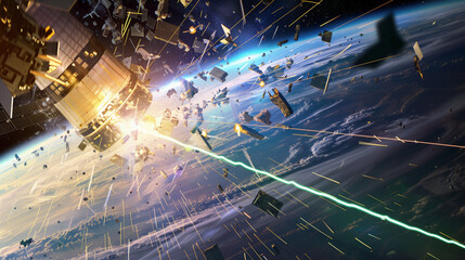 Lasers shooting at trash in space remove junk orbit earth  - obrazy, fototapety, plakaty