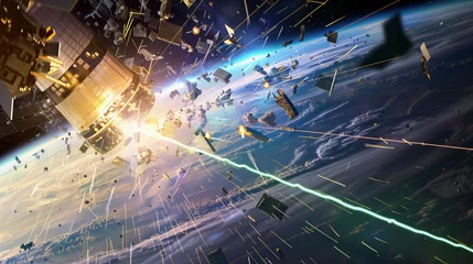 Fotobehang Lasers shooting at trash in space remove junk orbit earth  © The Stock Image Bank