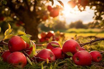 Apple Orchard. Organic Apple. Harvest Concept. Garden.  Apples on farm in autumn. Healthy nutrition.