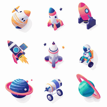 Collection of 9 cute isometric space icons featuring a rocket, an astronaut, a satellite, a moon rover, and a planet .