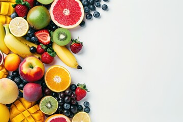 Overhead view of multicolored fresh ripe organic fruits shot on white background. 