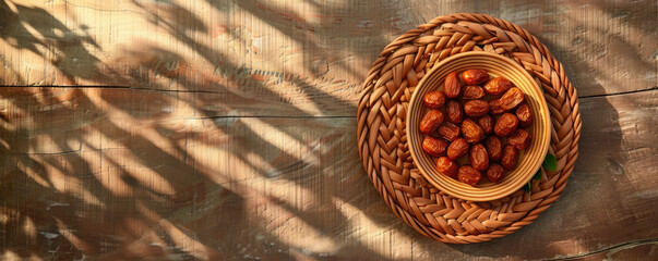 A bowl of hazelnuts placed on a woven mat, bathed in the dappled sunlight filtering through tree leaves. - Powered by Adobe