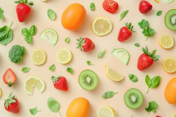 Pattern of variety fresh of organic fruits and vegetables and healthy vegan meal ingredients on beige background. 