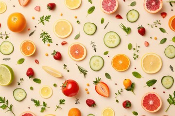 Pattern of variety fresh of organic fruits and vegetables and healthy vegan meal ingredients on beige background.  - Powered by Adobe