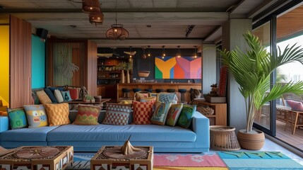 a vibrant Ipanema beach-inspired color palette and a hidden rooftop bar