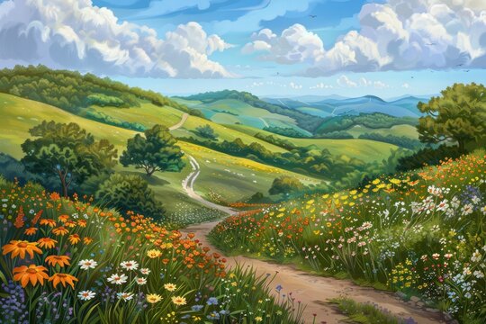Peaceful countryside scene, with rolling hills, fields of wildflowers, and a winding country road disappearing into the distance. 